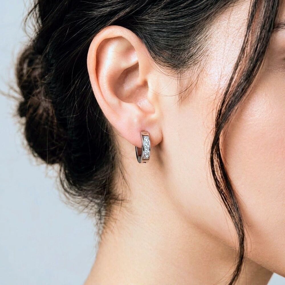 STAINLESS STEEL EARRINGS Hugging Hoops Rhinestones Silver Tone Jewelry BRAND NEW